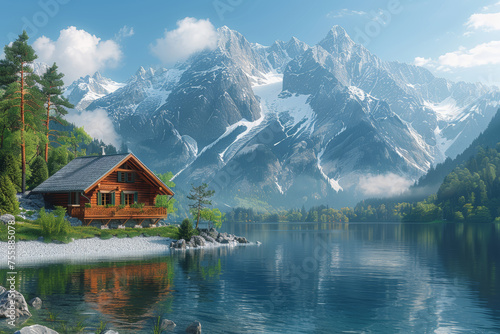 A cozy cabin perched on the edge of a crystal-clear lake, offering panoramic views of the surrounding mountains. Concept of a lakeside retreat in spring. Generative Ai. © Sebastian