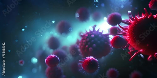 Digital illustration of red virus particles in dramatic deep blue background representing infectious diseases 4K Video photo