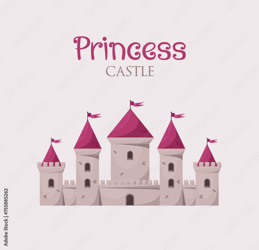 Pink princess medieval vector castle. Cartoon fairy tale castle tower icon Pink princess medieval vector castle. Cartoon fairy tale castle tower icon