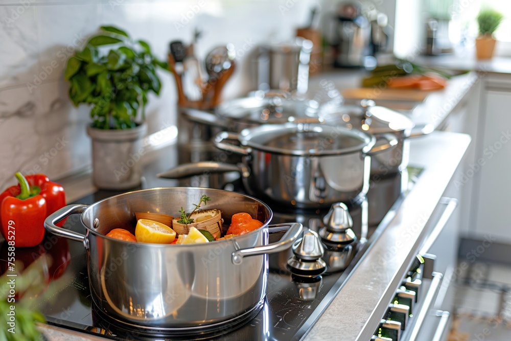 Pots and Pans Simmering on Stove in Modern Kitchen Pots and Pans Simmering on Stove in Modern Kitchen