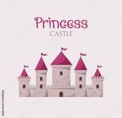Pink princess medieval vector castle. Cartoon fairy tale castle tower icon
