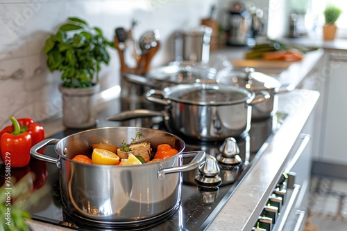 Pots and Pans Simmering on Stove in Modern Kitchen