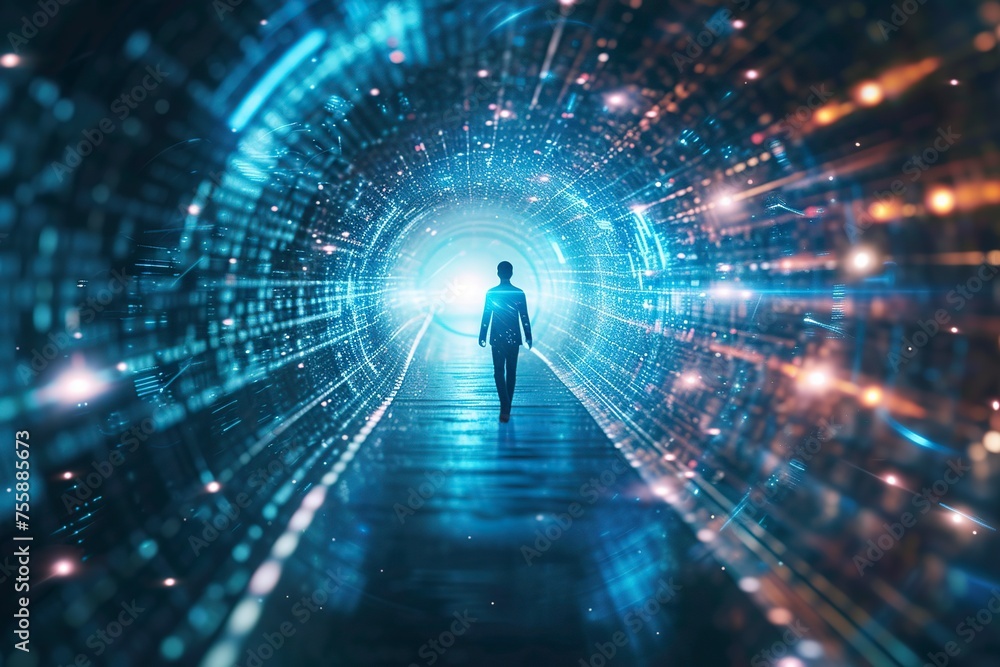 Fototapeta premium Man Walking Through Tunnel of Light