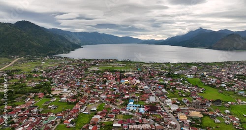 Takengon city and Laut tawar lake view from above. Sumatra, Indonesia. photo