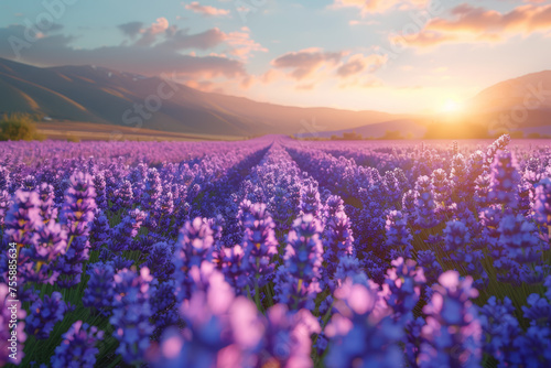 A fragrant lavender field stretching towards the horizon  immersing visitors in a sea of purple blooms. Concept of sensory delight and aromatherapy. Generative Ai.