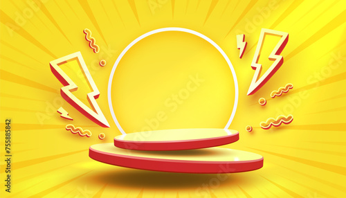 Electro scene mega sale, danger podium banner, yellow pedestal. Vector illustration