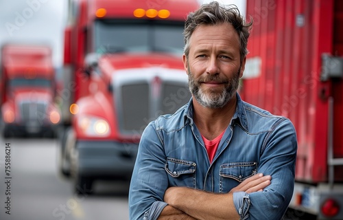 A man with a beard stands in front of a red semi truck with crossed arms