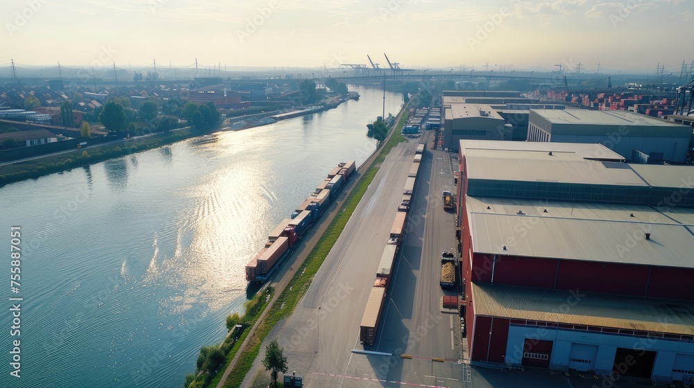 trucks align by the river next to a logistics warehouse, showcasing the seamless flow of goods and organized transport management