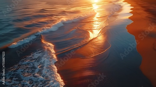 sunset, with golden colors reflected in the waves. photo