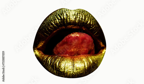 Golden lips with gold lipstick on isolated background. Sensual girl or woman mouth with gold. Tongue licking gold lip. Glamour background.