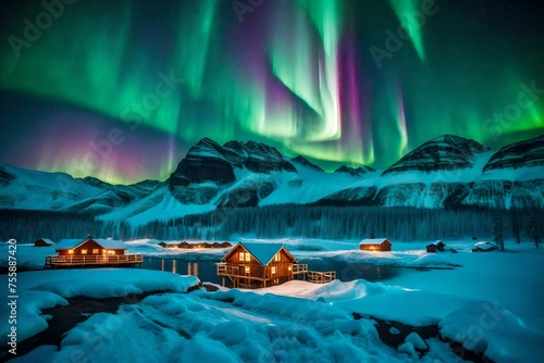 landscape with houses and mountains, Immerse yourself in the mesmerizing beauty of the Aurora Borealis dancing across a Nordic landscape photo