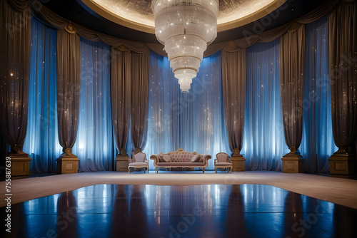 An opulent empty event stage with a shimmering crystal curtain backdrop and grandeur design. photo
