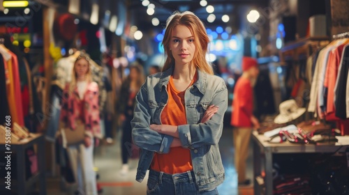 Fashion Fusion: Woman Stands Out in Drab Clothing Store Turned Runway generative ai