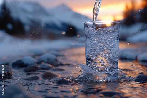 Glass of pouring crystal water against blurred nature snow mountain landscape background, the concept of proper nutrition