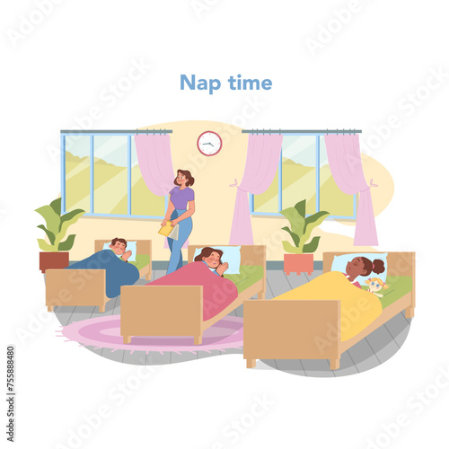 Nap time in kindergarten. Flat vector illustration