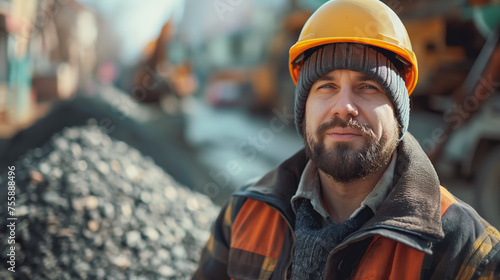 Confident builder in protective gear building a road. City road repair © colnihko