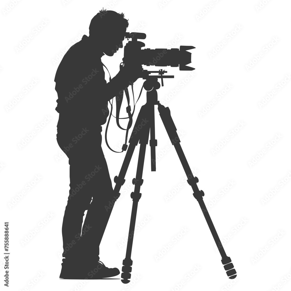 Silhouette cameraman or videographer in action black color only full body