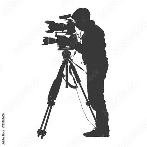 Silhouette cameraman or videographer in action black color only full body