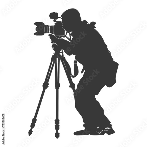 Silhouette cameraman or videographer in action black color only full body