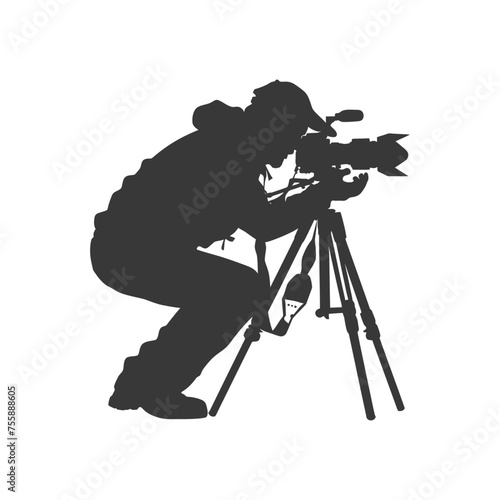 Silhouette cameraman or videographer in action black color only full body