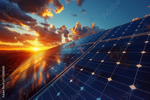 A solar panel array harnessing sunlight to generate clean energy, representing sustainable solutions in environmental science. Concept of solar energy utilization. Generative Ai.