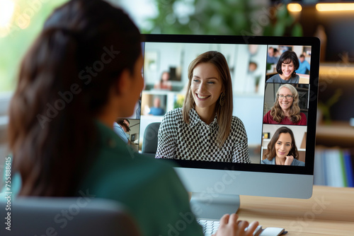 virtual meeting through video calls, online lecturing sessions, friends online meetup, Businesswoman using computer video call to talk to colleagues, A girl conducting a video conference with a team