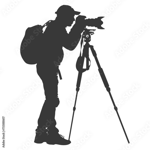 Silhouette cameraman or videographer in action black color only full body