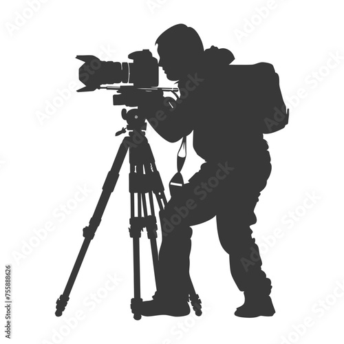 Silhouette cameraman or videographer in action black color only full body