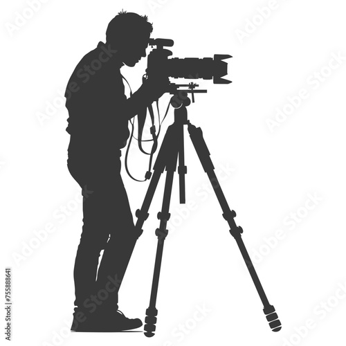 Silhouette cameraman or videographer in action black color only full body