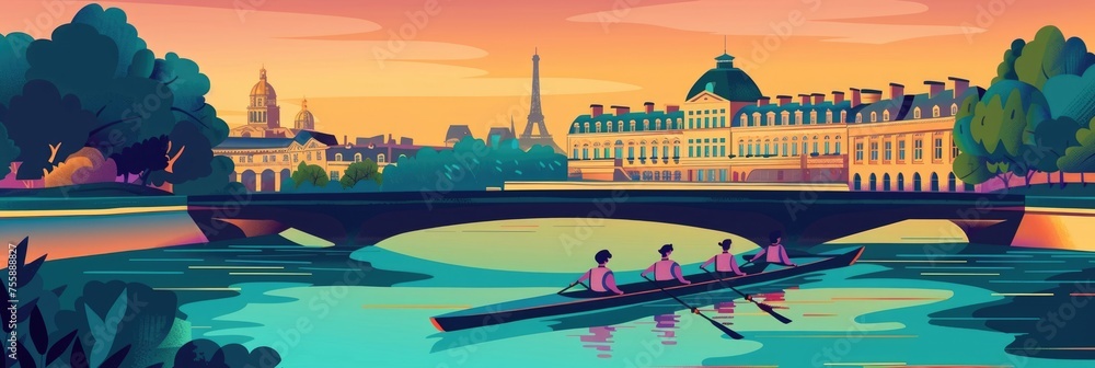 flat illustration, the Summer Olympic Games in Paris, the rowing team against the backdrop of the Eiffel Tower and the panorama of the sights of Paris, the Seine river