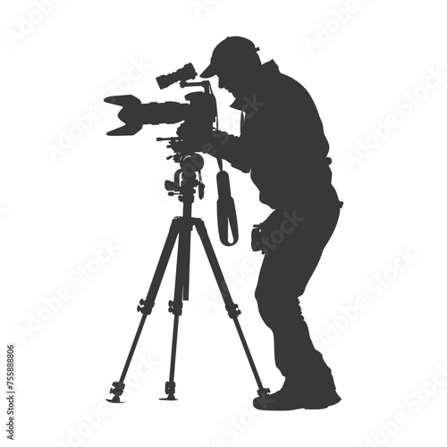 Silhouette cameraman or videographer in action black color only full body