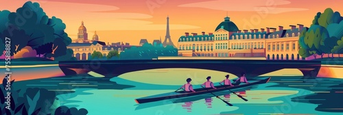 flat illustration, the Summer Olympic Games in Paris, the rowing team against the backdrop of the Eiffel Tower and the panorama of the sights of Paris, the Seine river photo
