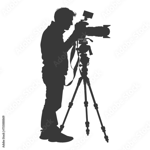 Silhouette cameraman or videographer in action black color only full body