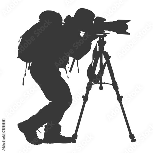 Silhouette cameraman or videographer in action black color only full body