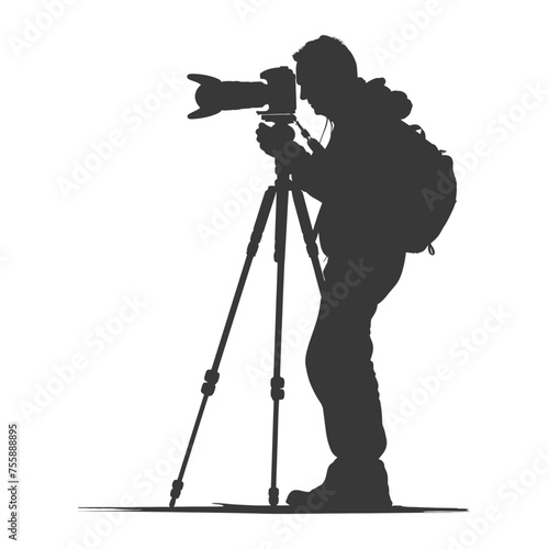 Silhouette cameraman or videographer in action black color only full body