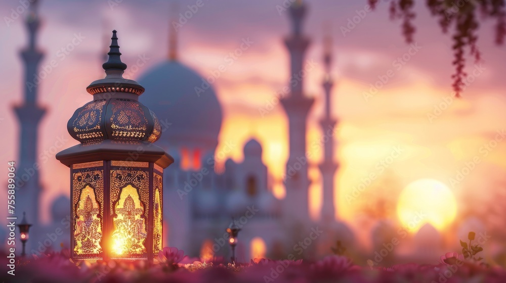 A peaceful Ramadan Kareem greeting photo showcasing a tranquil mosque silhouette A peaceful Ramadan Kareem greeting photo showcasing a tranquil mosque silhouette