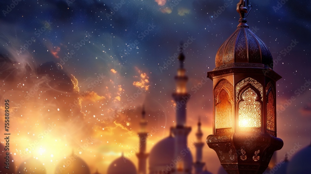 Fototapeta premium A peaceful Ramadan Kareem greeting photo showcasing a tranquil mosque silhouette
