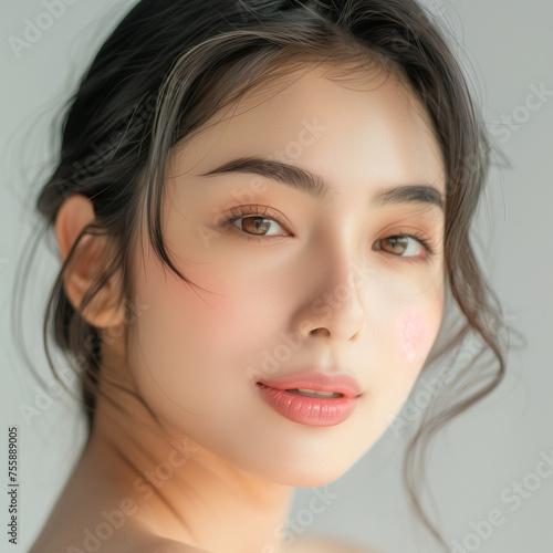 Portrait of a beautiful young woman of half ญี่ปุ่น-อเมริกา descent. that has pure and radiant skin that indicates softness and beauty white background.