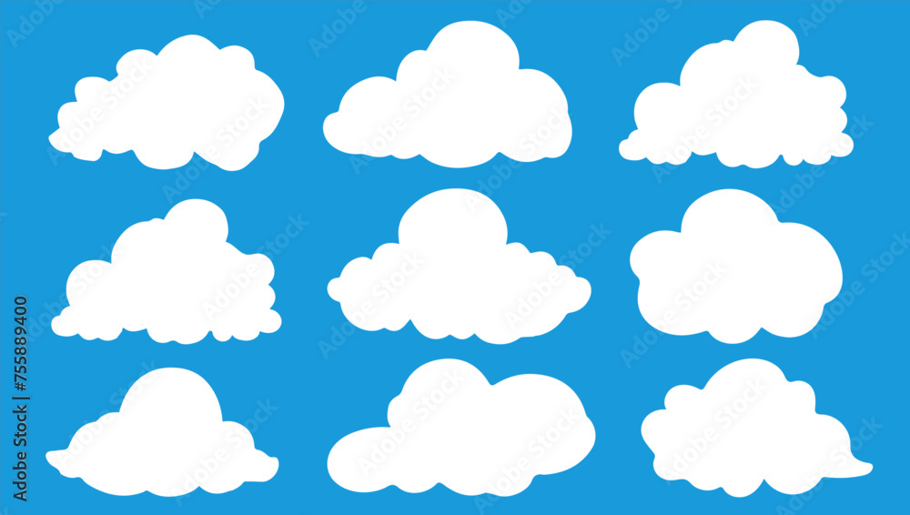 Set of clouds on blue background. Isolated white clouds. Vector illustration.