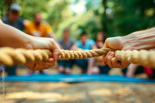 Tug of war game, dynamic team-building activity, People playing tug of war during a training, group of businesspeople pulling on a rope together during tug of war battle, Team competing in tug of war