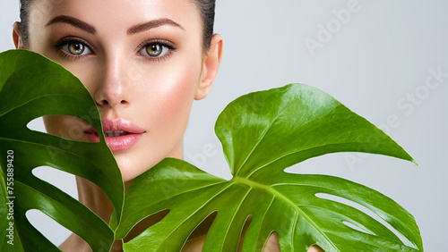 Beautiful woman with green leave near face and body.  Closeup girl's face with green leave. Skin care beauty treatments concept.