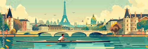 flat illustration, Summer Olympic Games in Paris, rowing on the background of the Eiffel Tower and the panorama of the sights of Paris, the Seine river photo