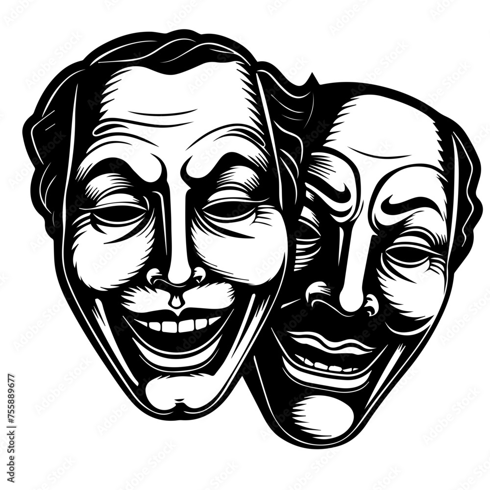 Theatrical Masks of Tragedy and Comedy Vector Illustration

