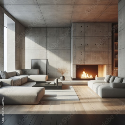 Sleek Elegance  Modern Living Room with Fireplace and Concrete Walls  Exuding Minimalist Style in Interior Design