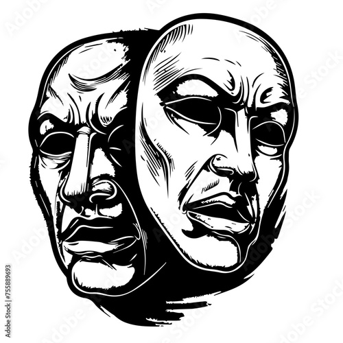 Theatrical Masks of Tragedy and Comedy Vector Illustration 