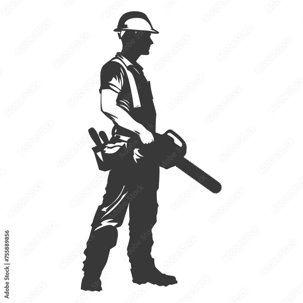 Silhouette carpenter with chainsaw black color only full body Silhouette carpenter with chainsaw black color only full body