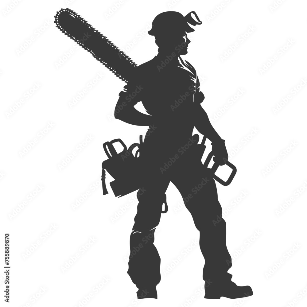 Silhouette carpenter with chainsaw black color only full body Silhouette carpenter with chainsaw black color only full body