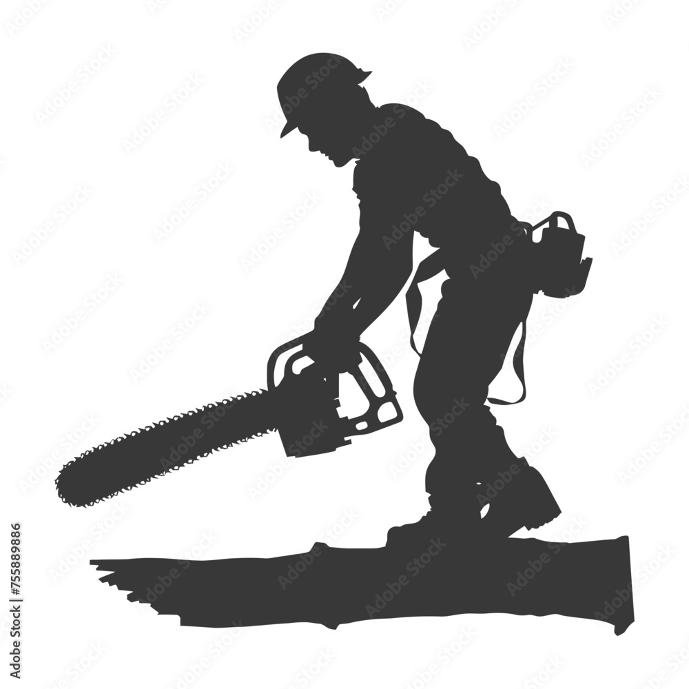 Silhouette carpenter with chainsaw in action black color only full body Silhouette carpenter with chainsaw in action black color only full body