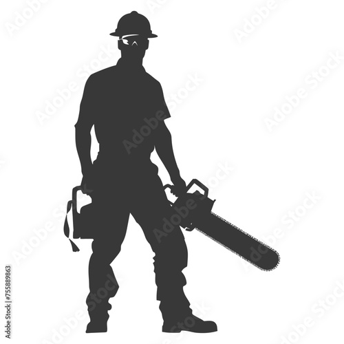 Silhouette carpenter with chainsaw black color only full body