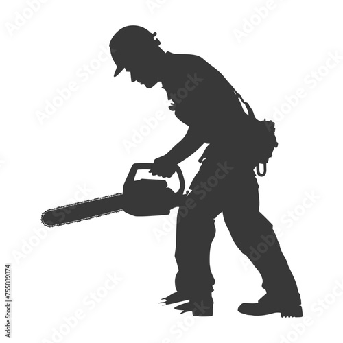 Silhouette carpenter with chainsaw in action black color only full body